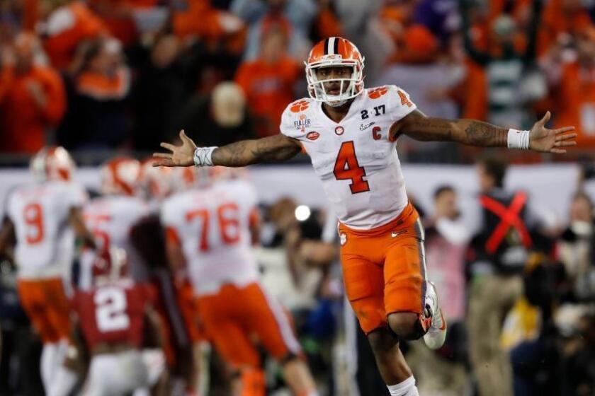 Clemson quarterback DeShaun Watson celebrates after throwing the game-winning touchdown in the last second of the national championship game against Alabama on Jan. 10.