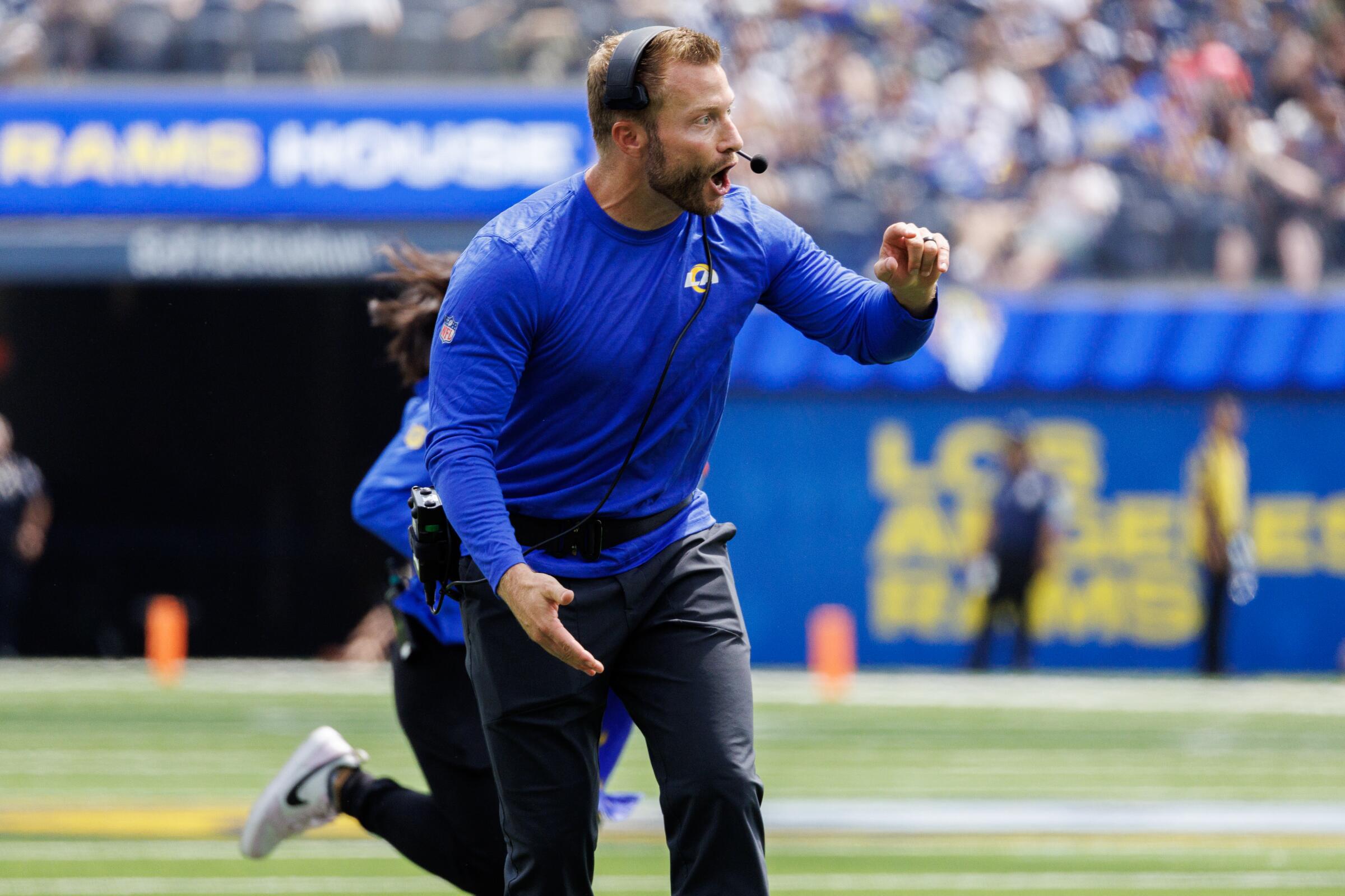 Rams coach Sean McVay reacts as players come off the field during a preseason game against the Dallas Cowboys.