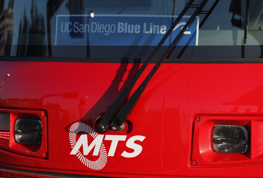 A trolley on MTS' UC San Diego Blue Line extension stops at the university's central campus in La Jolla.