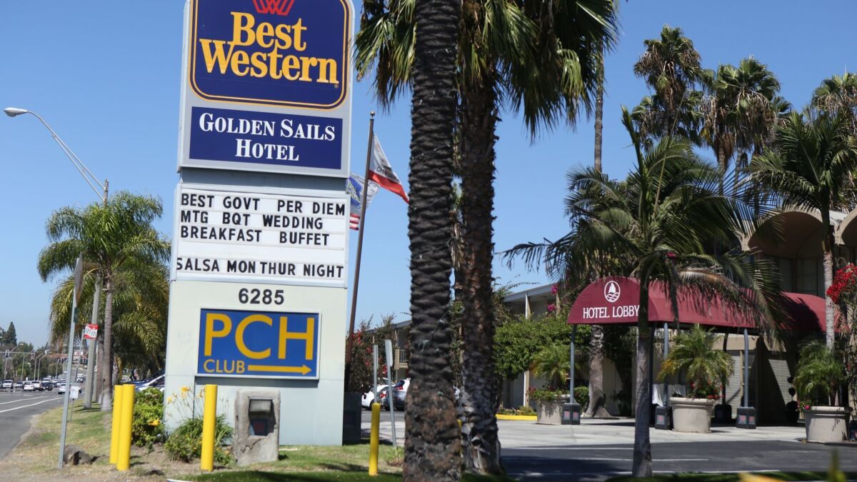 The Best Western Golden Sails Hotel in Long Beach is seen on Sept. 15, 2016. The Long Beach City Council placed a measure on the Nov. 6 ballot requiring hotels in the city to give workers "panic buttons" to prevent sexual assaults.