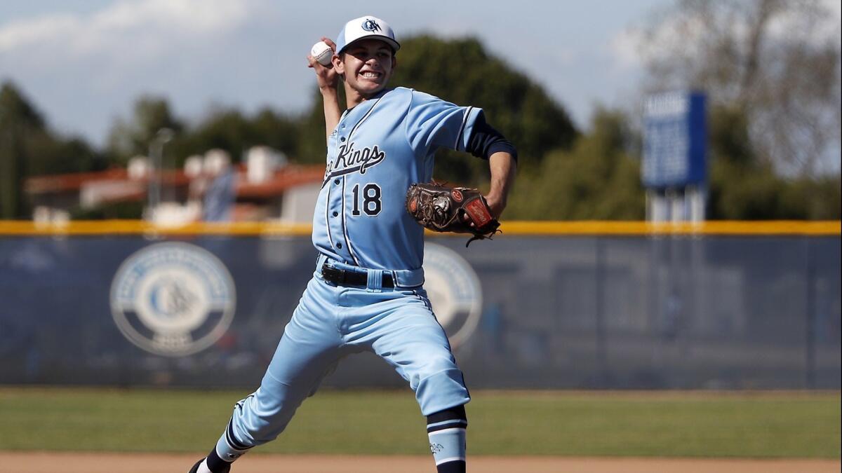 Corona del Mar High's Jarrett Thompson, shown pitching against Marina on March 27, went six innings in the Sea Kings' 3-1 win over Laguna Beach Thursday.