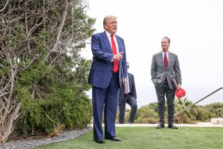 RANCHO PALOS VERDES-CA-SEPTEMBER 13, 2024: Former President Donald J. Trump arrives with Rancho Palos Verdes Mayor John Cruikshank, right, for a press conference at his Trump National Golf Course on Friday, September 13, 2024. (Christina House / Los Angeles Times)