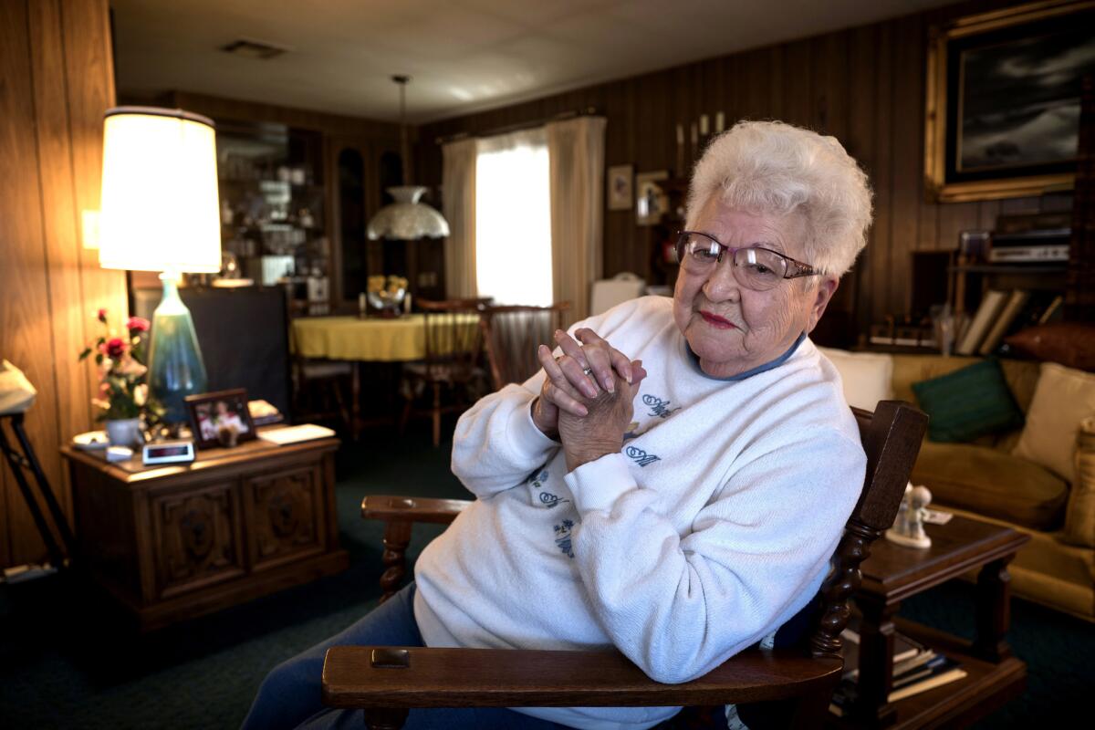 Dorothy "Dot" Niblock at her home at the Plaza del Rey mobile home park. Niblock moved into the park 44 years ago. She designed her two-bedroom home with her late husband. (David Butow / For The Times)