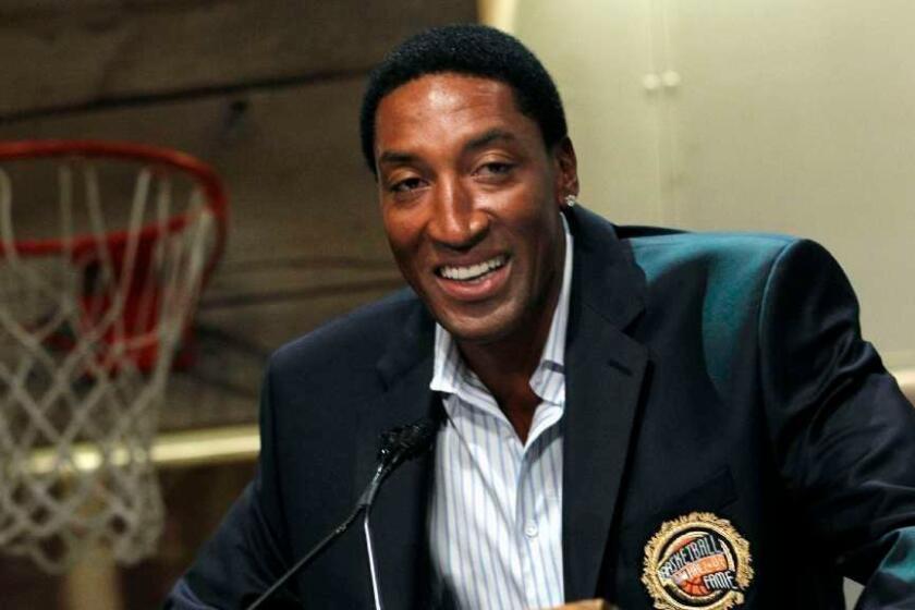 Basketball Hall of Fame inductee Scottie Pippen speaks during the enshrinement news conference at the Hall of Fame Museum in Springfield, Mass. Friday, Aug. 13, 2010. (AP Photo/Elise Amendola) ORG XMIT: MAEA102