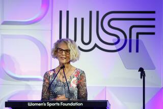 NEW YORK, NEW YORK - OCTOBER 12: Sue Enquist speaks on stage during The Women's Sports Foundation.
