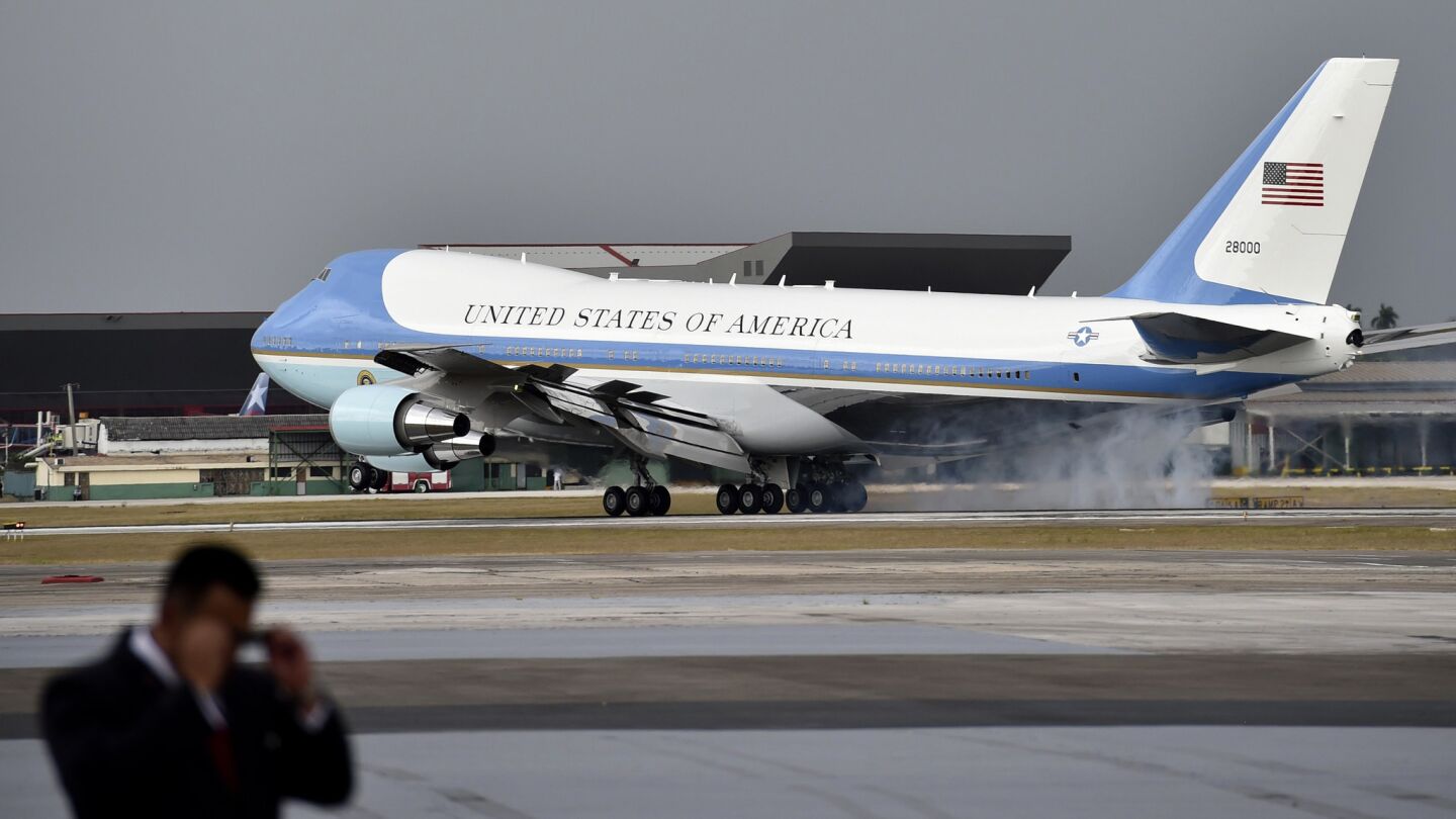 The plane carrying President Obama lands in Havana on Sunday.