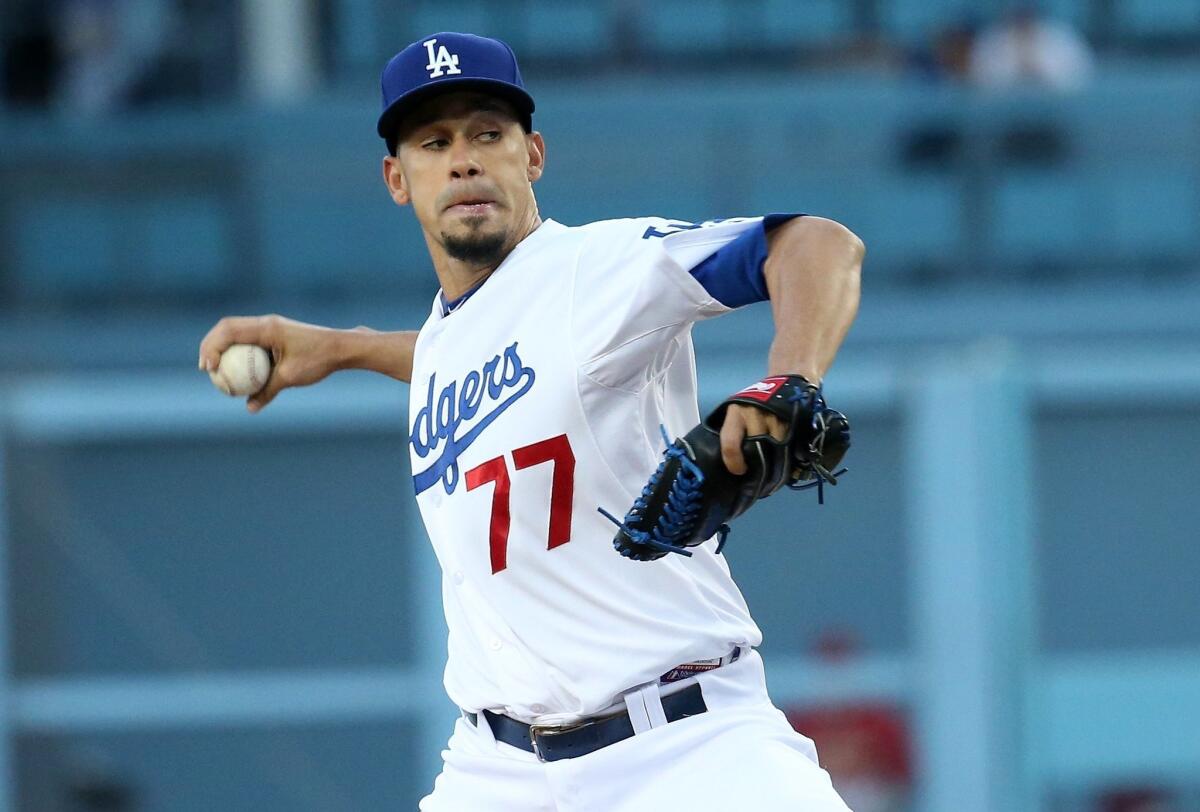 Carlos Frias pitches for the Dodgers against Arizona on May 1, 2015.