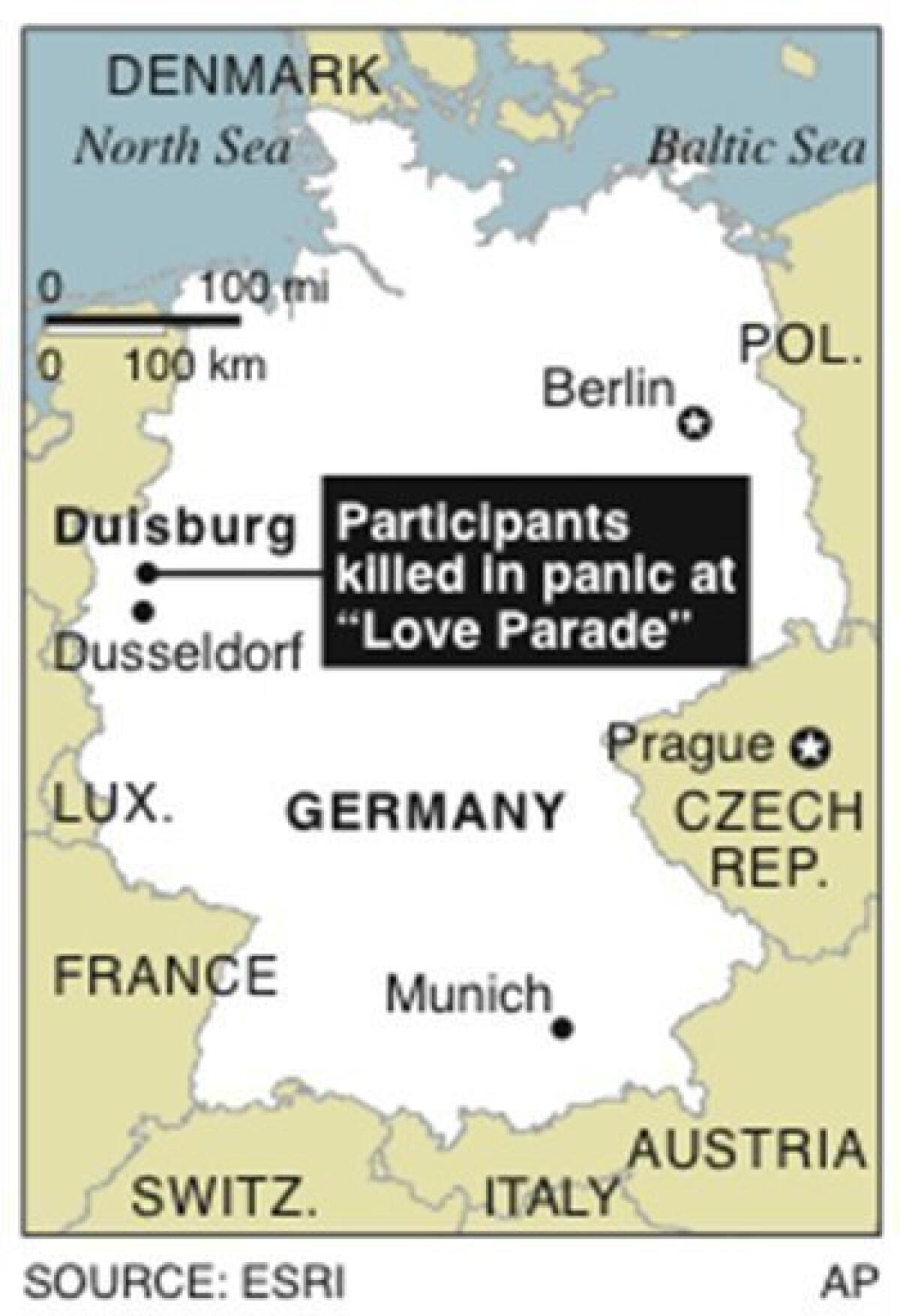 Map locates Duisburg, Germany where a number of participants in the â€œLove Paradeâ€ were injured and killed in a panic