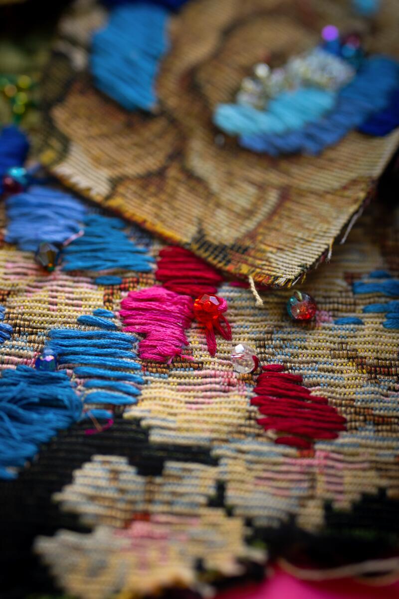 A detail of hand embroidery on a painting 