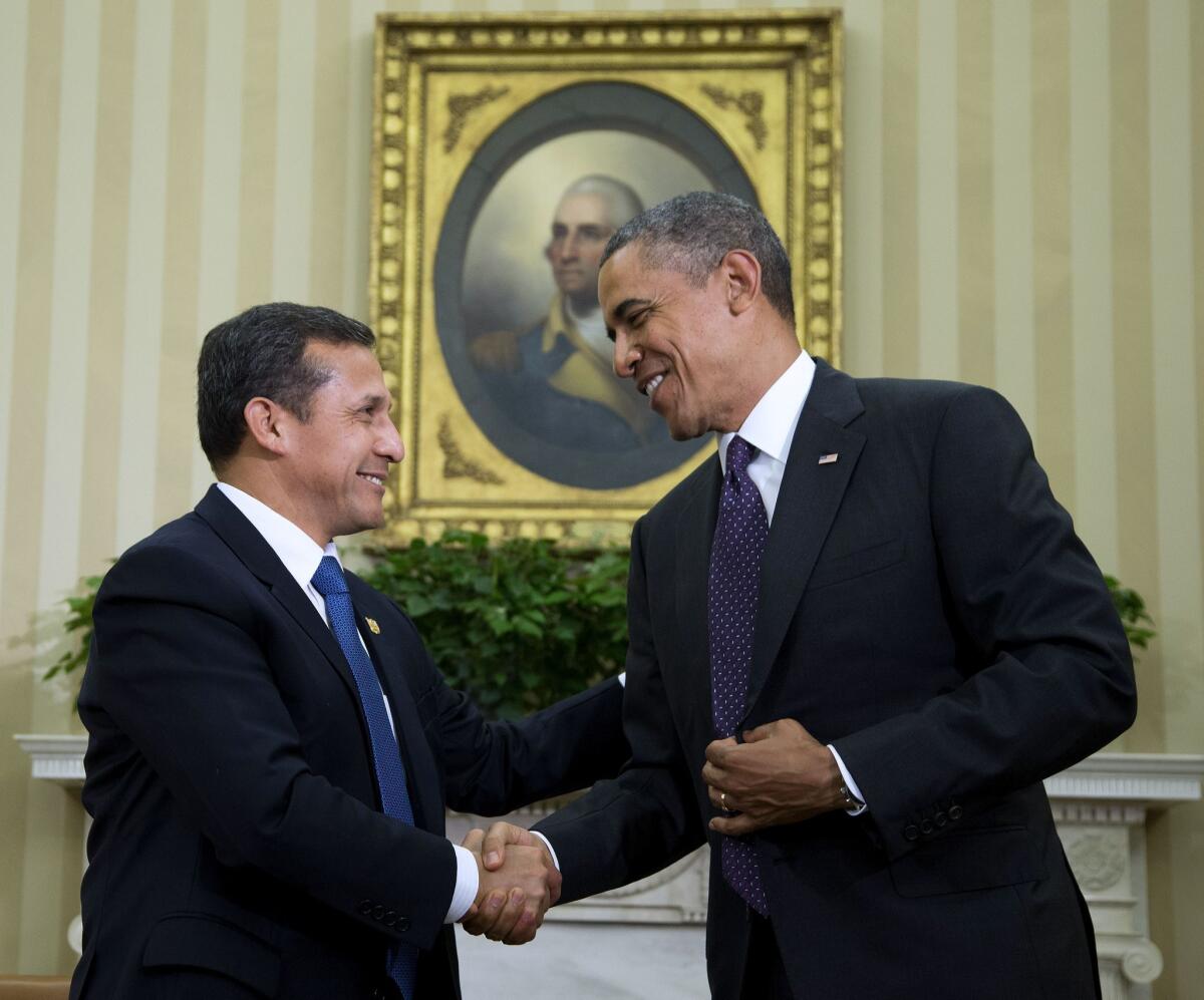 President Obama shakes hands with Peru's President Ollanta Humala at the White House after discussing the Trans-Pacific Partnership Agreement.