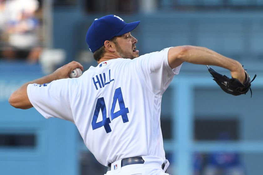 LOS ANGELES, CA - JUNE 14: Rich Hill #44 of the Los Angeles Dodgers pitches in the game against the Chicago Cubs at Dodger Stadium on June 14, 2019 in Los Angeles, California. (Photo by Jayne Kamin-Oncea/Getty Images)