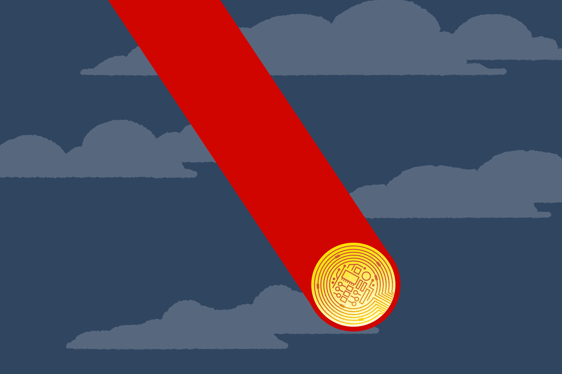 animated illustration of a crypto coin falling with clouds behind it.