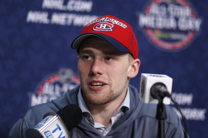 Jiri Sekac speaks at media day during the NHL All-Star weekend in Columbus, Ohio, last month.