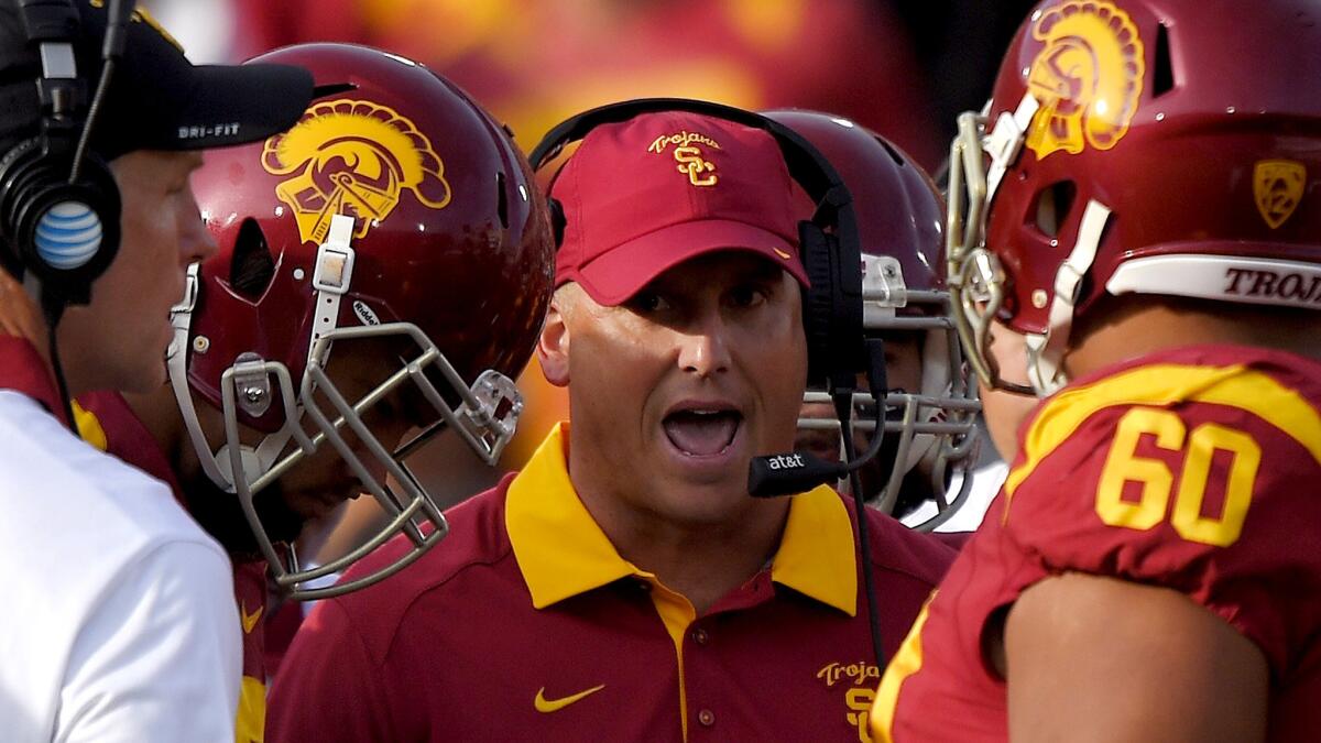 Clay Helton talks to his offensive linemen during the first half of a 42-24 victory over Utah on Oct. 24.