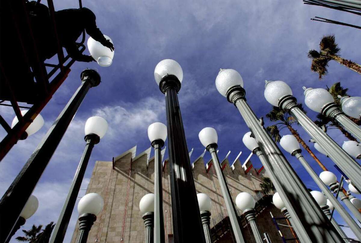A view of the "Urban Light" installation by Chris Burden on the campus of the Los Angeles County Museum of Art, whose top executives will be moving offices to the Variety building.