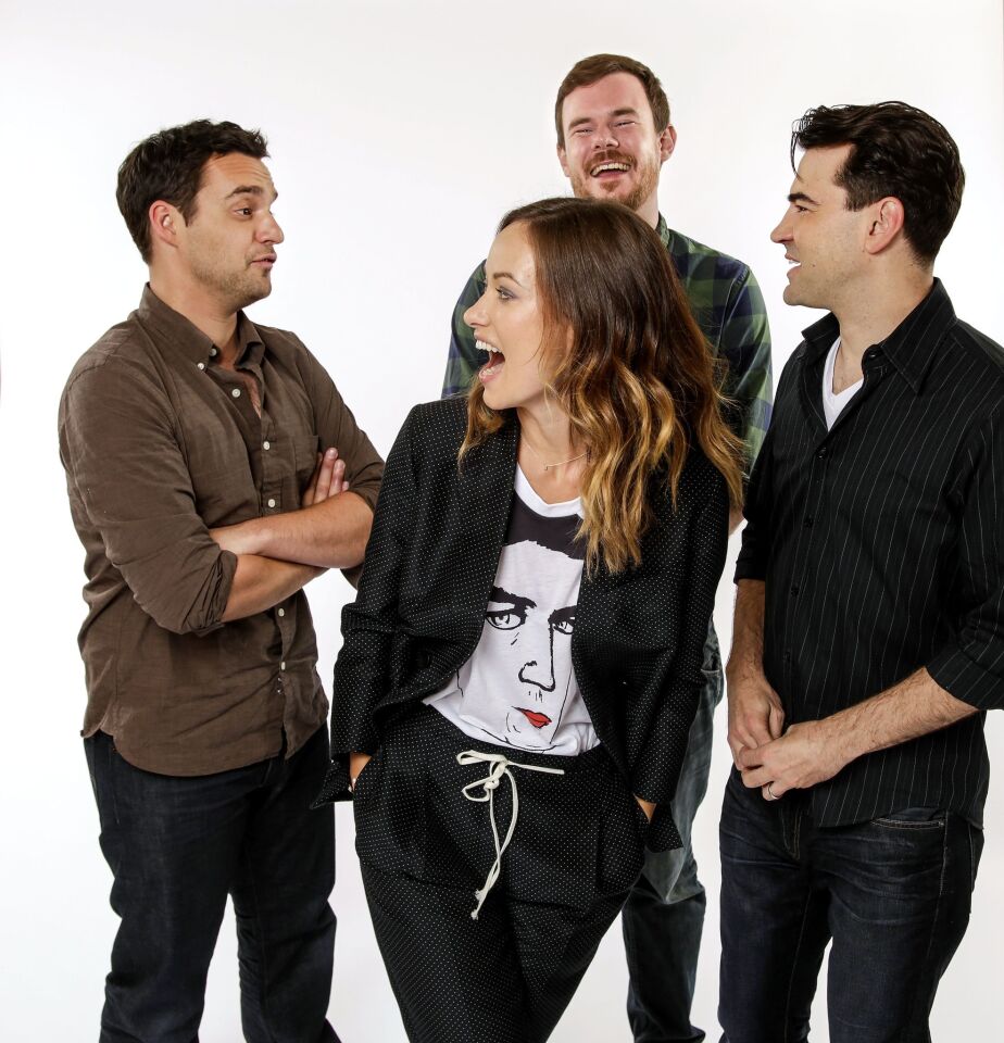 "Drinking Buddies" director Joe Swanberg, rear, with his cast: Jake Johnson, Olivia Wilde and Ron Livingston.