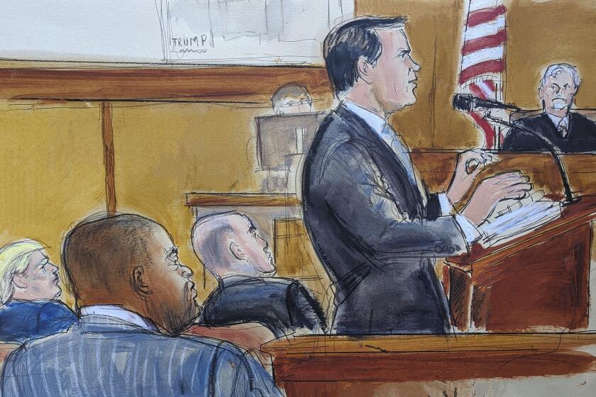In this courtroom sketch, Tuesday, May 28, 2024, Donald Trump's attorney Todd Blanche, standing right center, gives his summation to the jury. Donald Trump is seated far left, while District Attorney Alvin Bragg is seated foreground left. Judge Juan Merchan is at the at the bench, seated upper right. (Elizabeth Williams via AP)