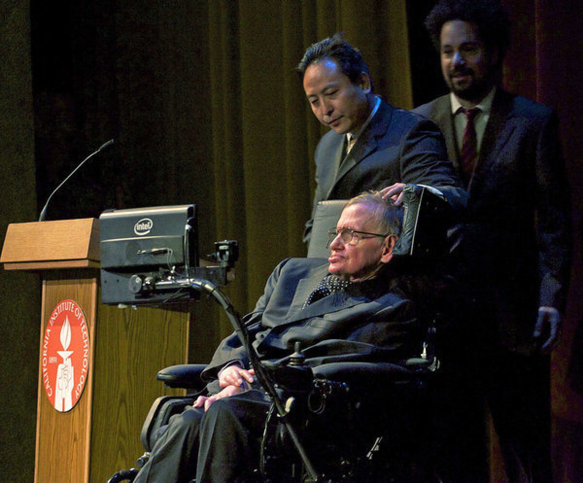 Physicist Stephen Hawking delivered a lecture on the origin of the universe Tuesday night at Caltech's Beckman Auditorium.