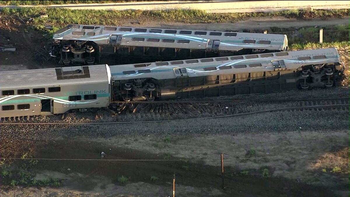 OXNARD, CA FEBRUARY 24, 2015 -- Video frame grab of Metrolink train that derailed in Oxnard early Tuesday, February 24, 2014, after colliding with a vehicle on the tracks.