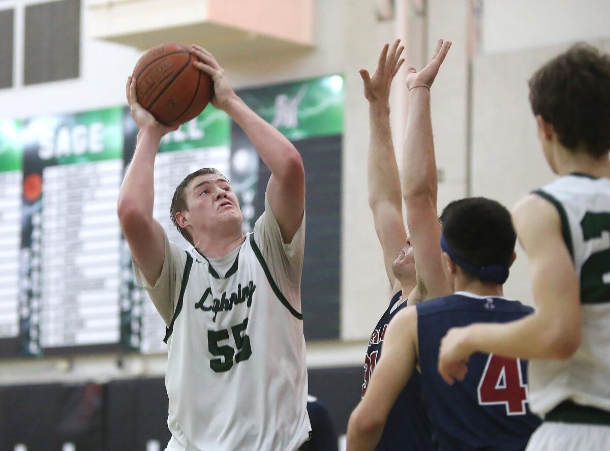 Sage Hill School's Johnny King, pictured taking a jumper against St. Margaret's on Jan. 31, led the Lightning to a 67-53 victory at San Gabriel Gabrielino on Tuesday.