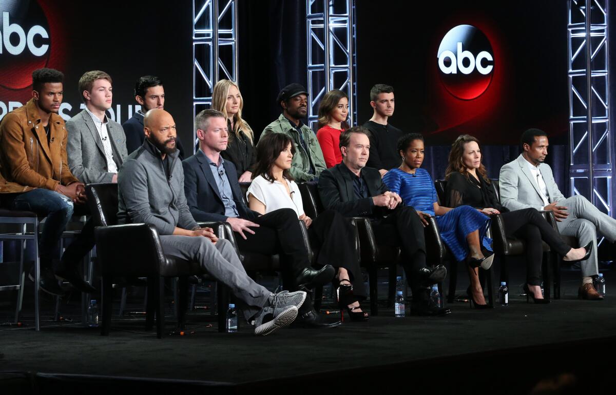 The cast and crew of "American Crime" speak during the Television Critics Assn. press tour in Pasadena.