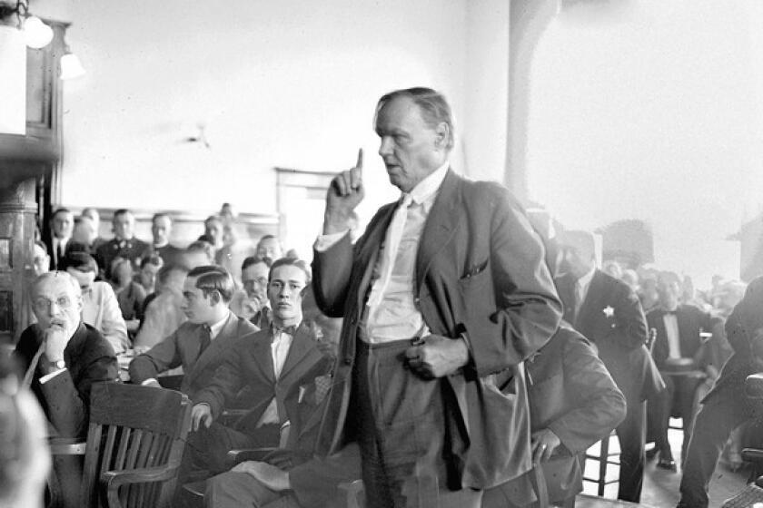 Defense attorney Clarence Darrow during the July 1924 trial of Nathan Leopold and Richard Loeb (seated to Darrow's right).