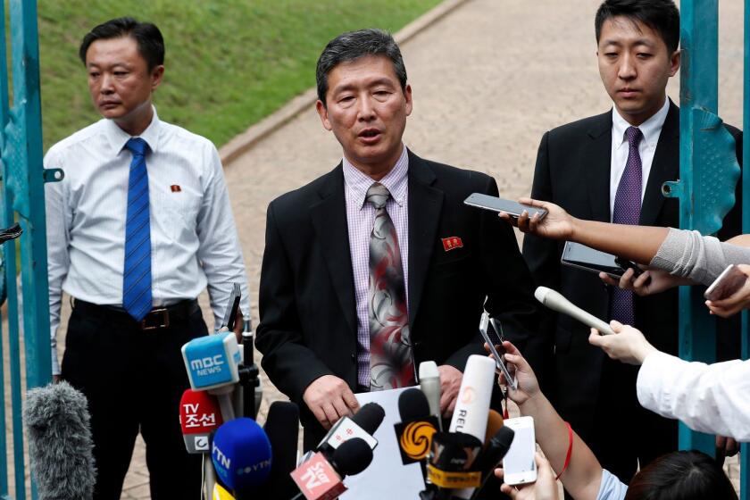 North Korean diplomat Ri Tong Il speaks to journalists outside his country's embassy in Kuala Lumpur, Malaysia, on March 2.