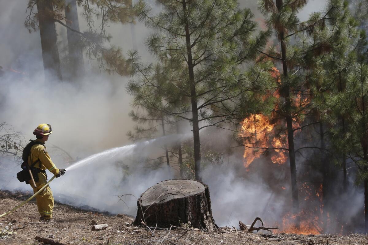 A firefighter hoses down hot spots while fighting the King fire.