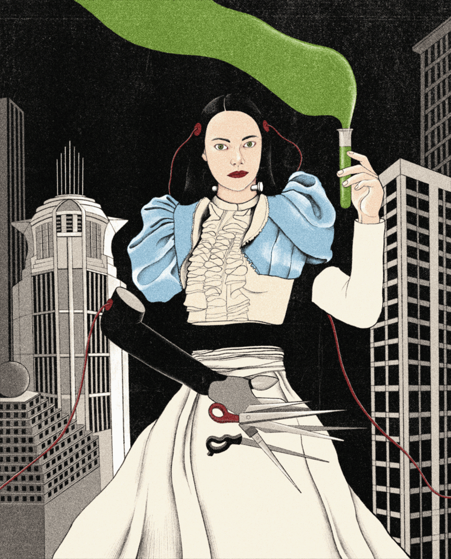 Frankenstein illustration featuring Emma Stone as Bella Baxter of 'Poor Things'