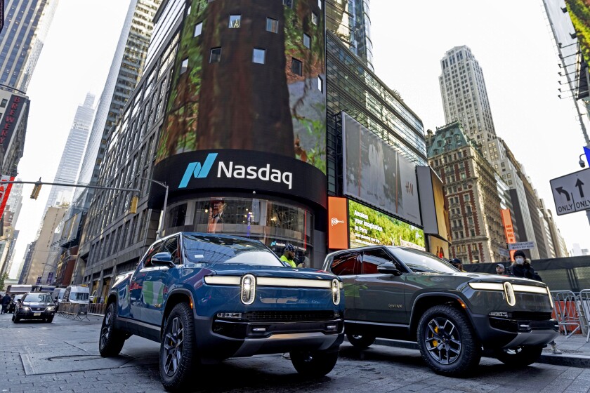 A Rivian R1T all-electric truck in New York City's Times Square in 2021.