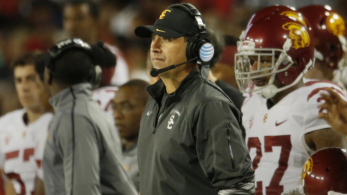 USC Coach Steve Sarkisian looks on from the sideline during a win over Arizona on Oct. 11.