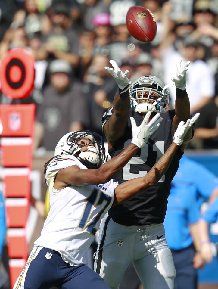 Oakland Raiders Sean Smith break up a pass to San Diego Chargers Travis Benjamin in the 2nd quarter in Oakland on Oct. 9, 2016. (Photo by K.C. Alfred/The San Diego Union-Tribune)