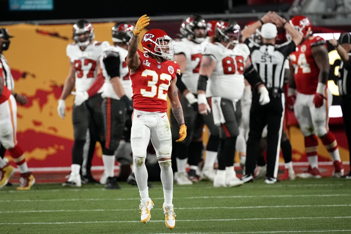 Kansas City Chiefs strong safety Tyrann Mathieu celebrates a goal-line stand against the Tampa Bay Buccaneers.