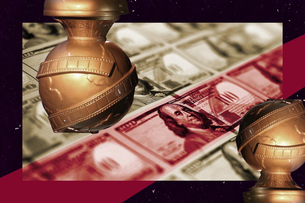 Photo illustration showing Golden Globes statuettes and money