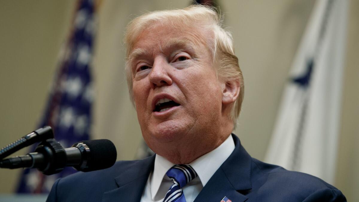 President Donald Trump speaks in the Roosevelt Room of the White House in Washington on Aug. 3.