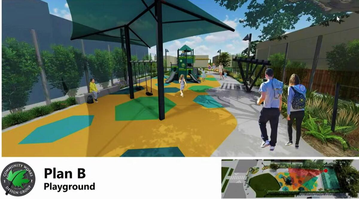 A design for improvements at Costa Mesa's Shalimar Park include bench swings and shaded play areas.