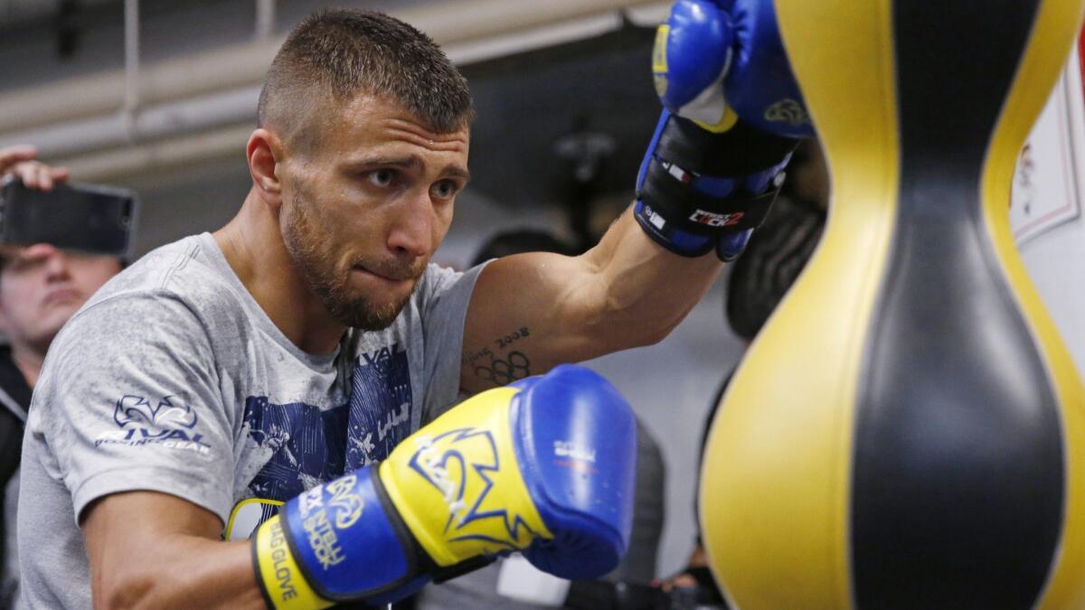 Vasyl Lomachenko works out on a punching a bag at a Manhattan boxing gym in 2017.