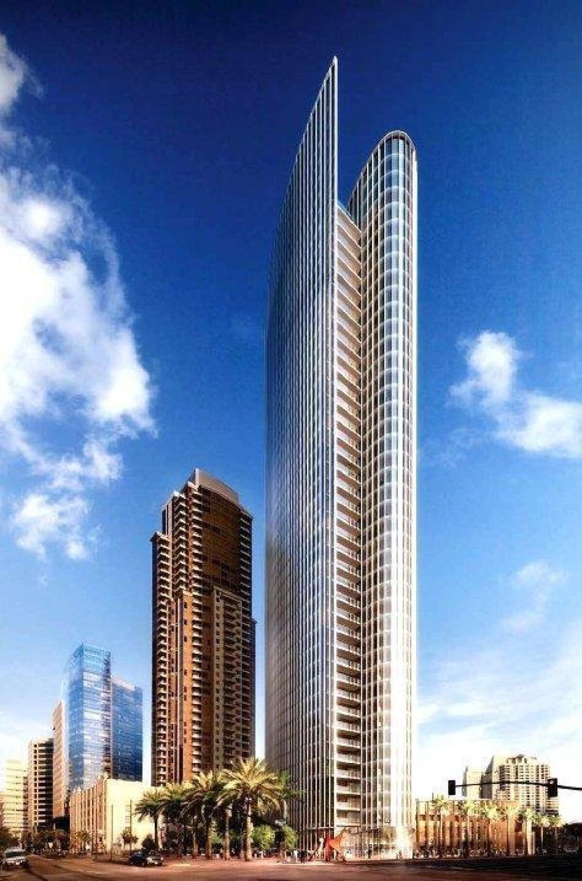 Bosa Development's Pacific Gate, a 41-story, 232-unit condo tower south of Broadway at Pacific Highway is projected to open in June 2017. Kohn Pedersen Fox