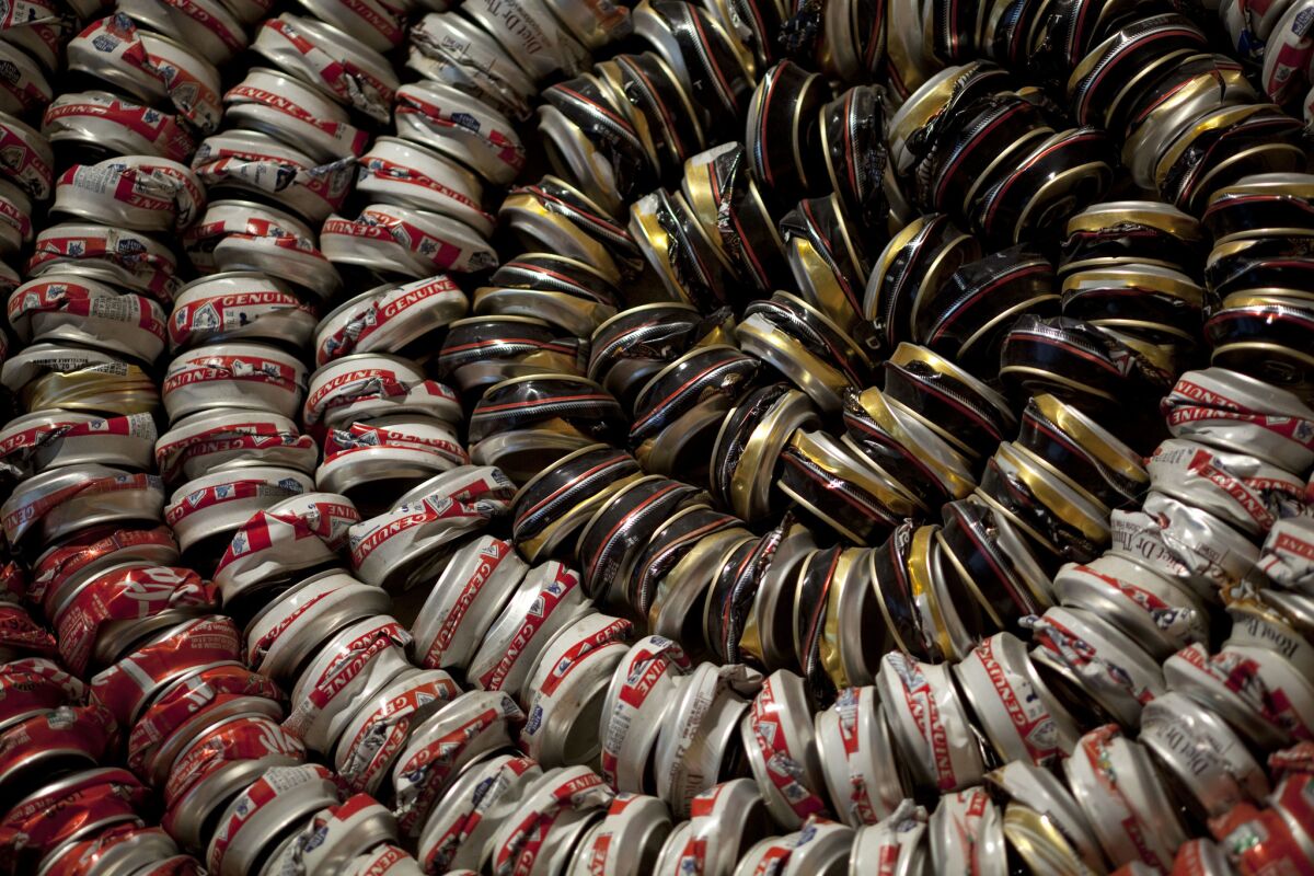 A detail of the "Continuum Basket," by Cahuilla artist Gerald Clarke Jr., made of aluminum cans, at the "Junipero Serra and the Legacies of the California Missions" 2013 exhibit at the the Huntington Library, Art Collections and Botanical Gardens.