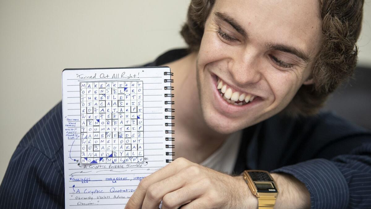 Michael Whyte, 23, a student at Golden West College in Huntington Beach, creates cryptic crossword puzzles, initially using the Daily Pilot’s Daily Commuter Puzzle as a template and brainstorming his own riddles.