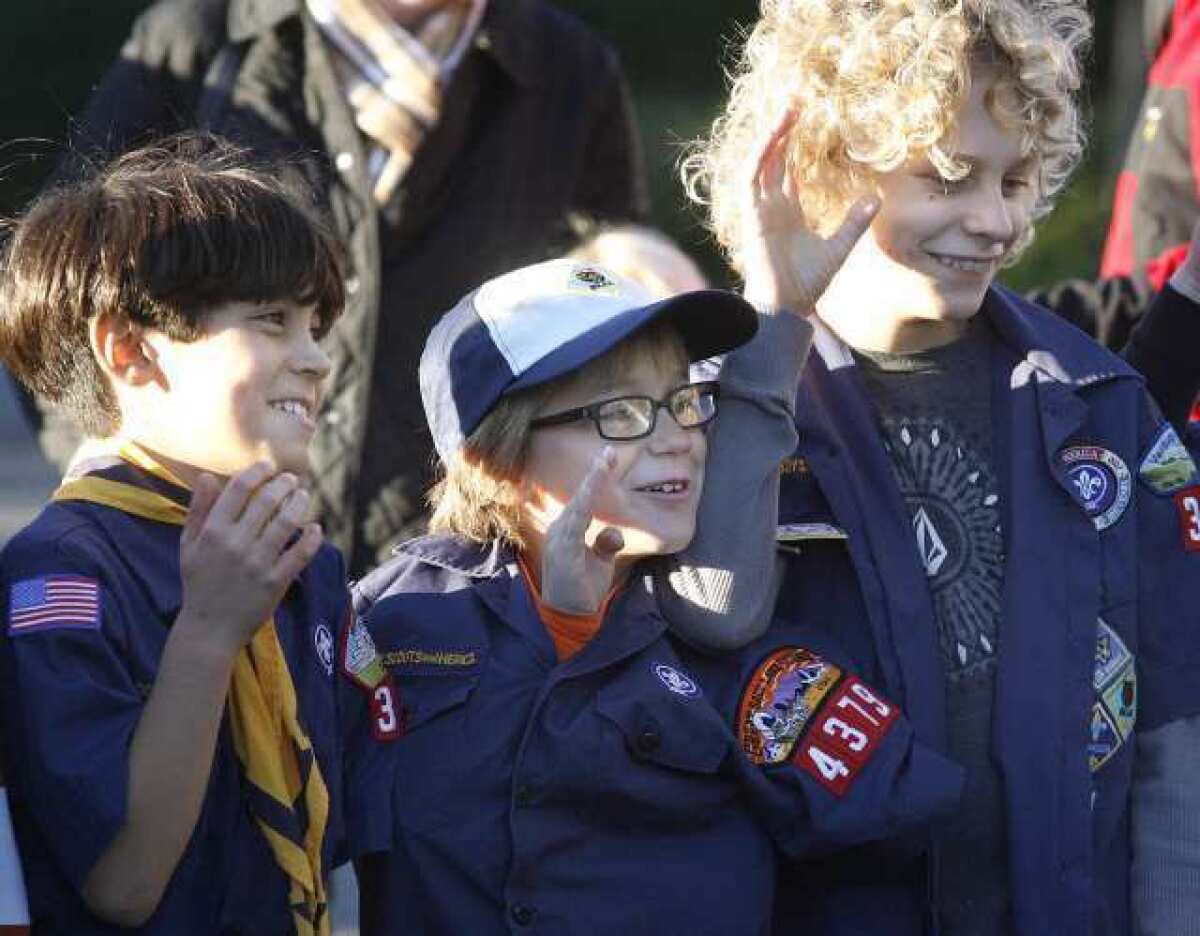 Cub Scouts take an oath to be good citizens behind the Church of Jesus Christ of Latter Day Saints during a Cub Scout meeting. The Crescenta Valley Sheriff's Station STAR program is part of the department's community outreach programs.