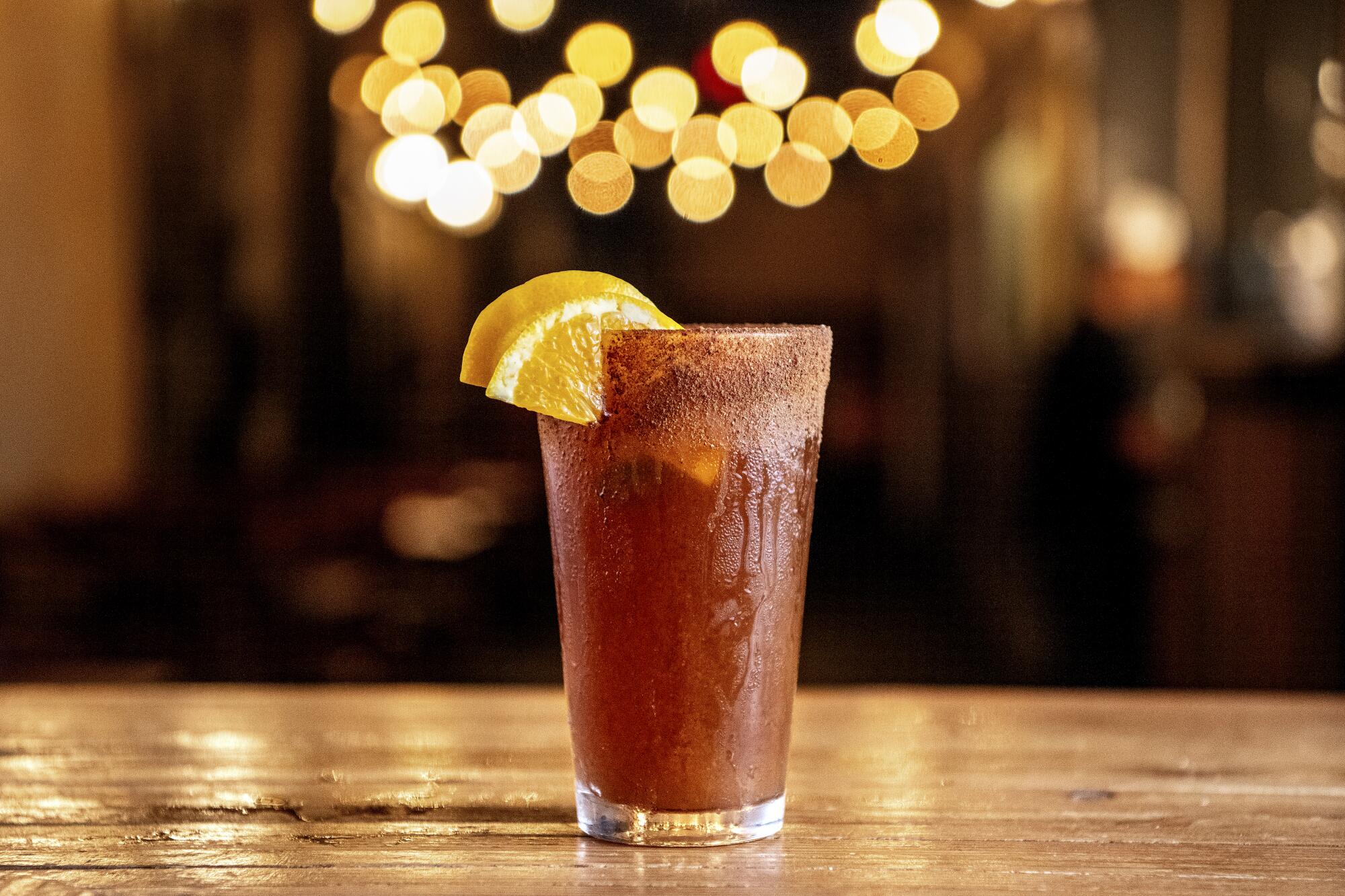 Smokey Brown michelada on a counter.