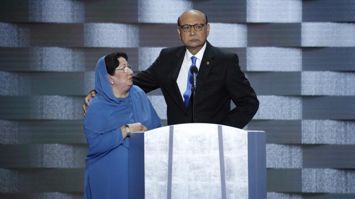 Khizr Khan (right), a Muslim father of a fallen soldier, said in an emotional speech at the Democratic National Convention that Donald Trump has "sacrificed nothing" for the country.