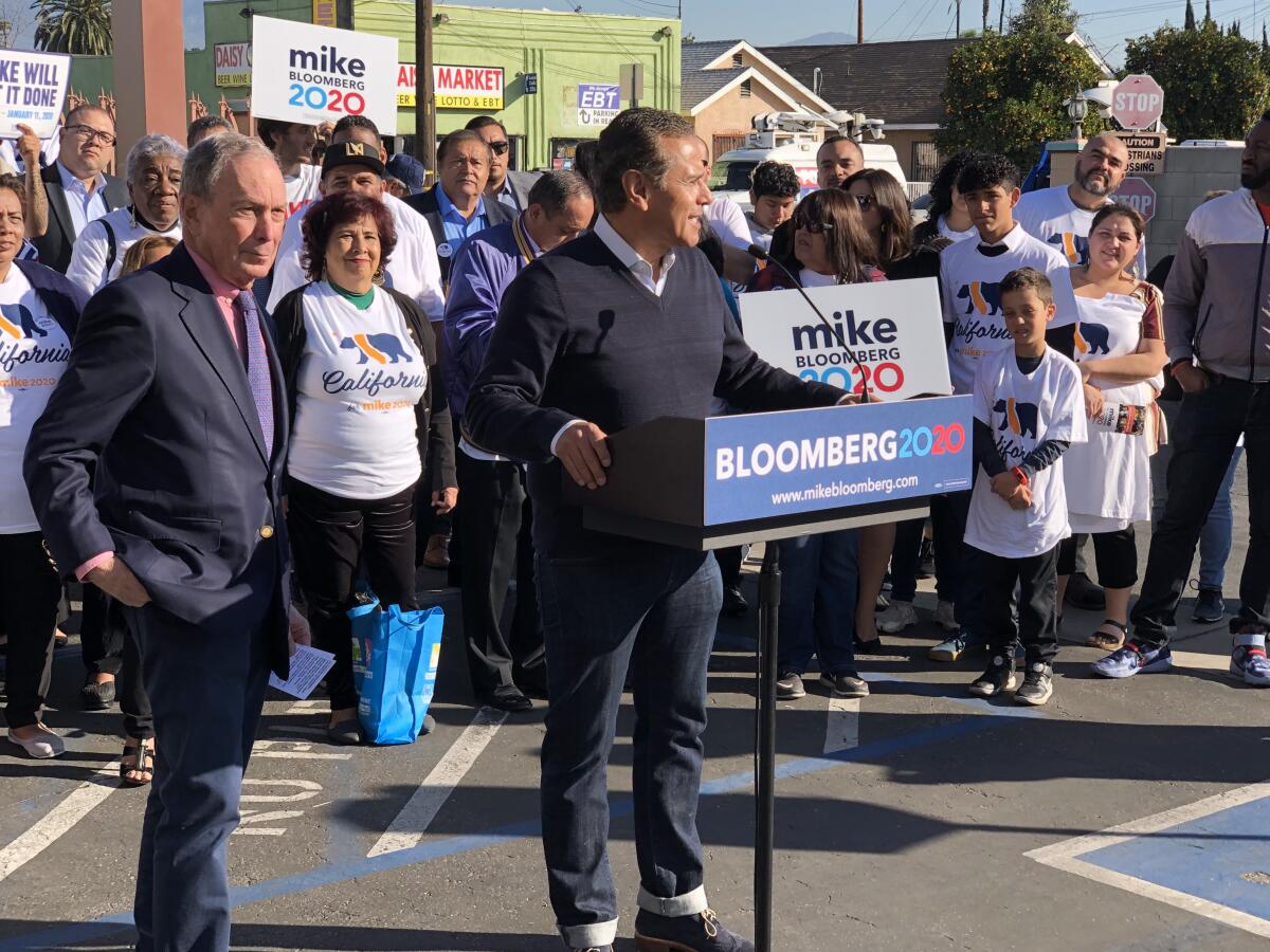 Democratic presidential candidate Michael R. Bloomberg campaigned Sunday with former Los Angeles Mayor Antonio Villaraigosa at Teresitas Restaurant in East Los Angeles.