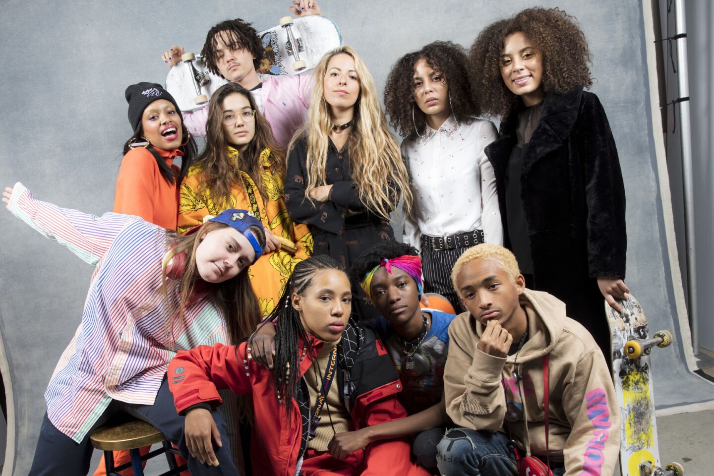 Nina Moran, Ajani Russel, Rachelle Vinberg, Alex Cooper, Dede Lovelave, director Crystal Moselle, Kabrina Adams, actor Jaden Smith, Brenn Lorenzo, and Jules Lorenzo, from the film "Skate Kitchen," photographed in the L.A. Times Studio at Chase Sapphire on Main, during the Sundance Film Festival in Park City, Utah, Jan. 21, 2018.
