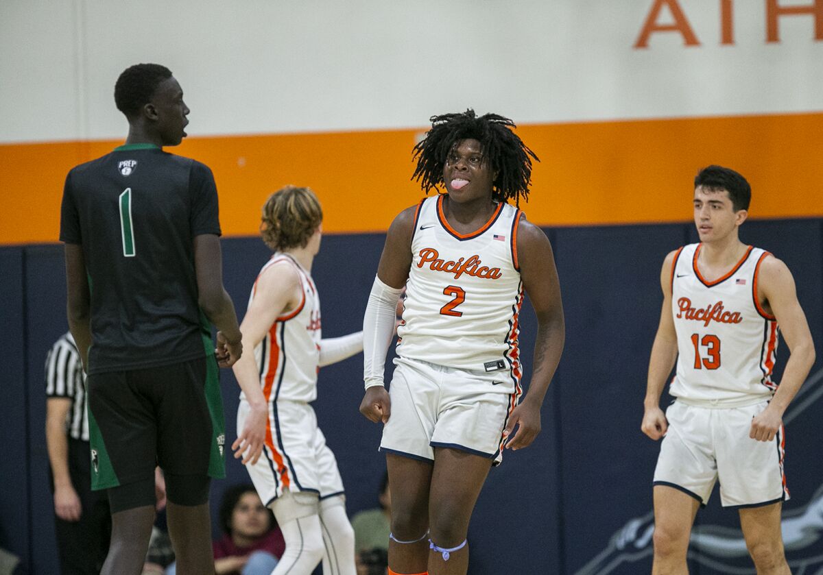 Pacifica Christian Orange County's EJ Spillman reacts after drawing a foul against Fairmont Prep's Maper Maker on Friday.