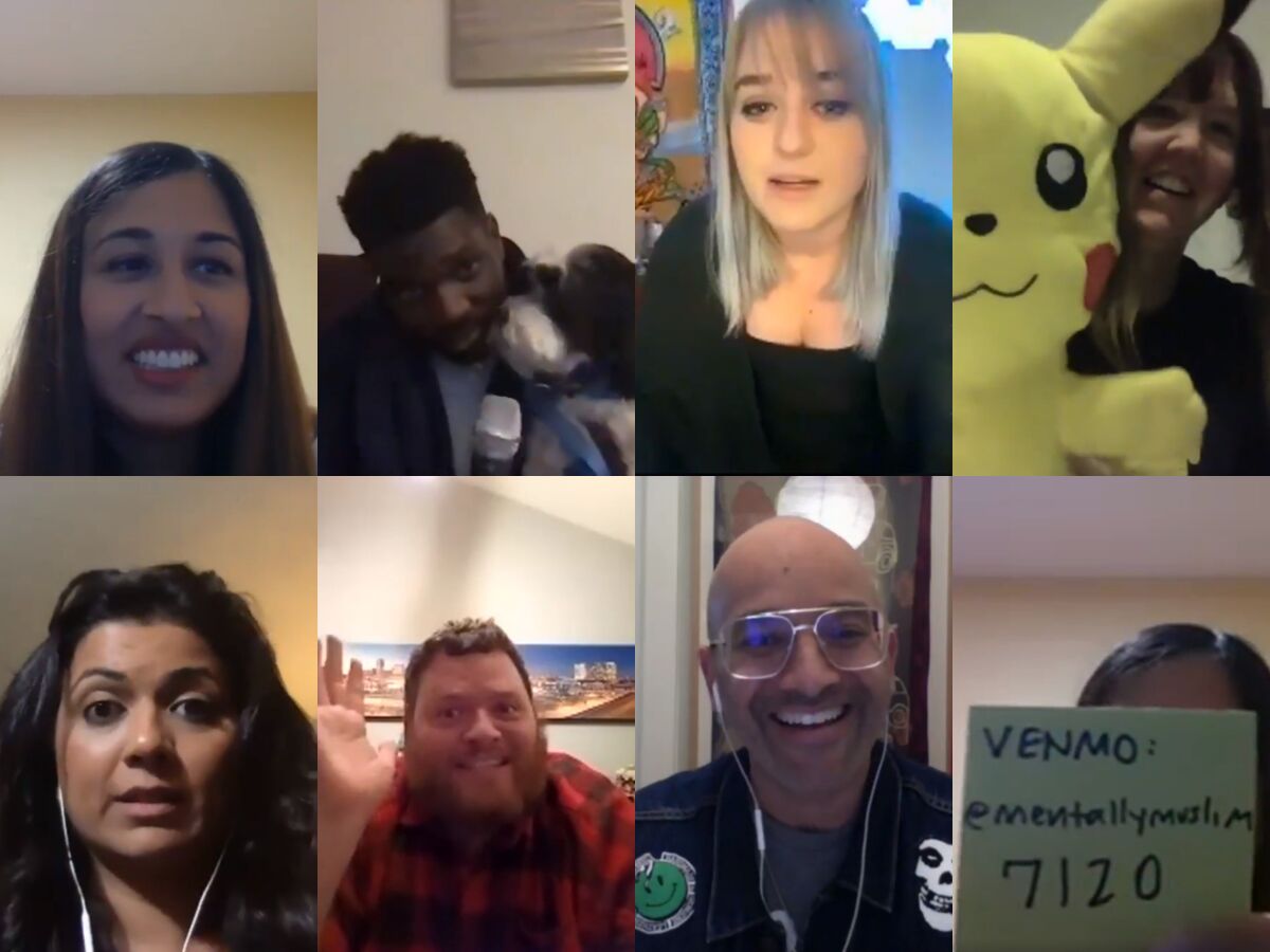 Hosted by Zara Khan, top left, comedians (clockwise) KJ Robinson, Ashley Kelly, Andy Erickson, Tamer Kattan, Anthony Davis and Mona Shaikh livestreamed a stand-up show titled "Combating Coronavirus" over Zoom and Facebook Live on March 20.