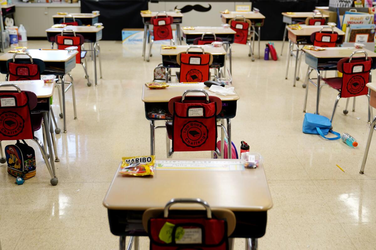 Desks are arranged in a classroom at an elementary school in Nesquehoning, Pa.