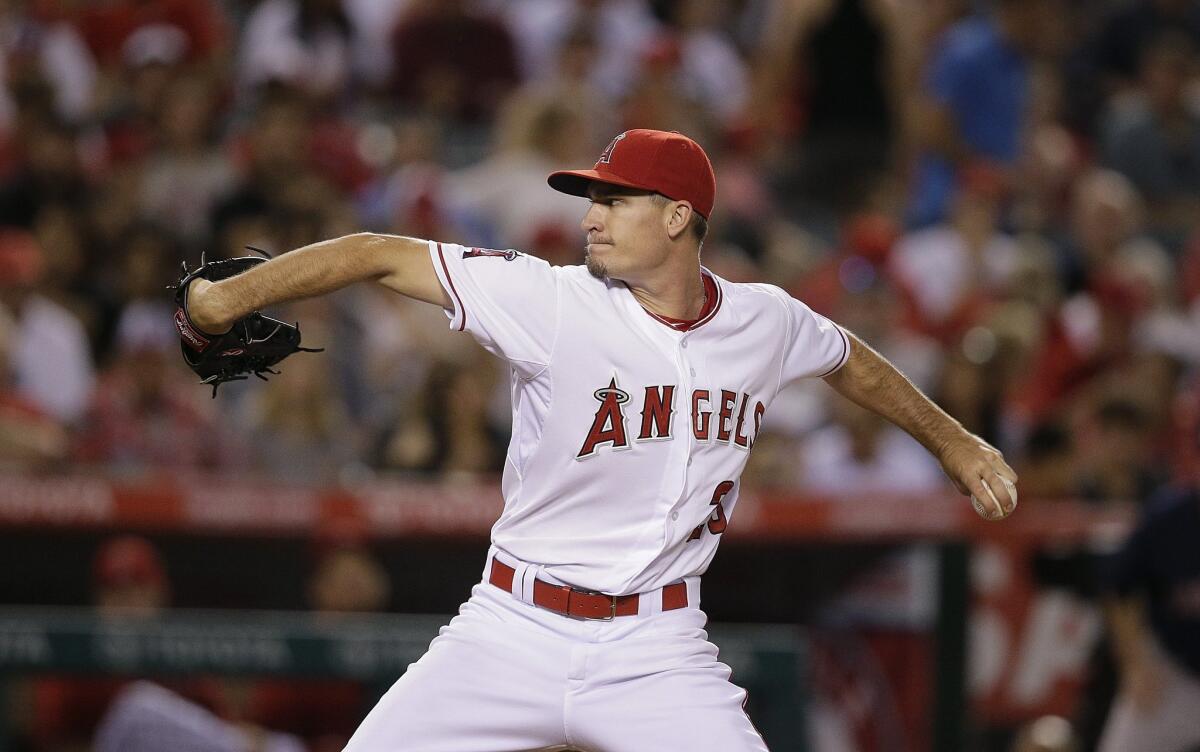 Angels pitcher Andrew Heaney held Boston to two runs over seven innings on Monday.