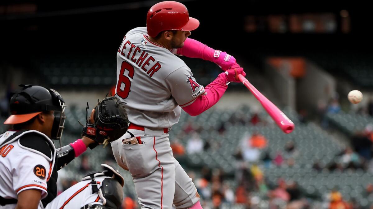 The Angels' David Fletcher takes a swing during the fifth inning Sunday.